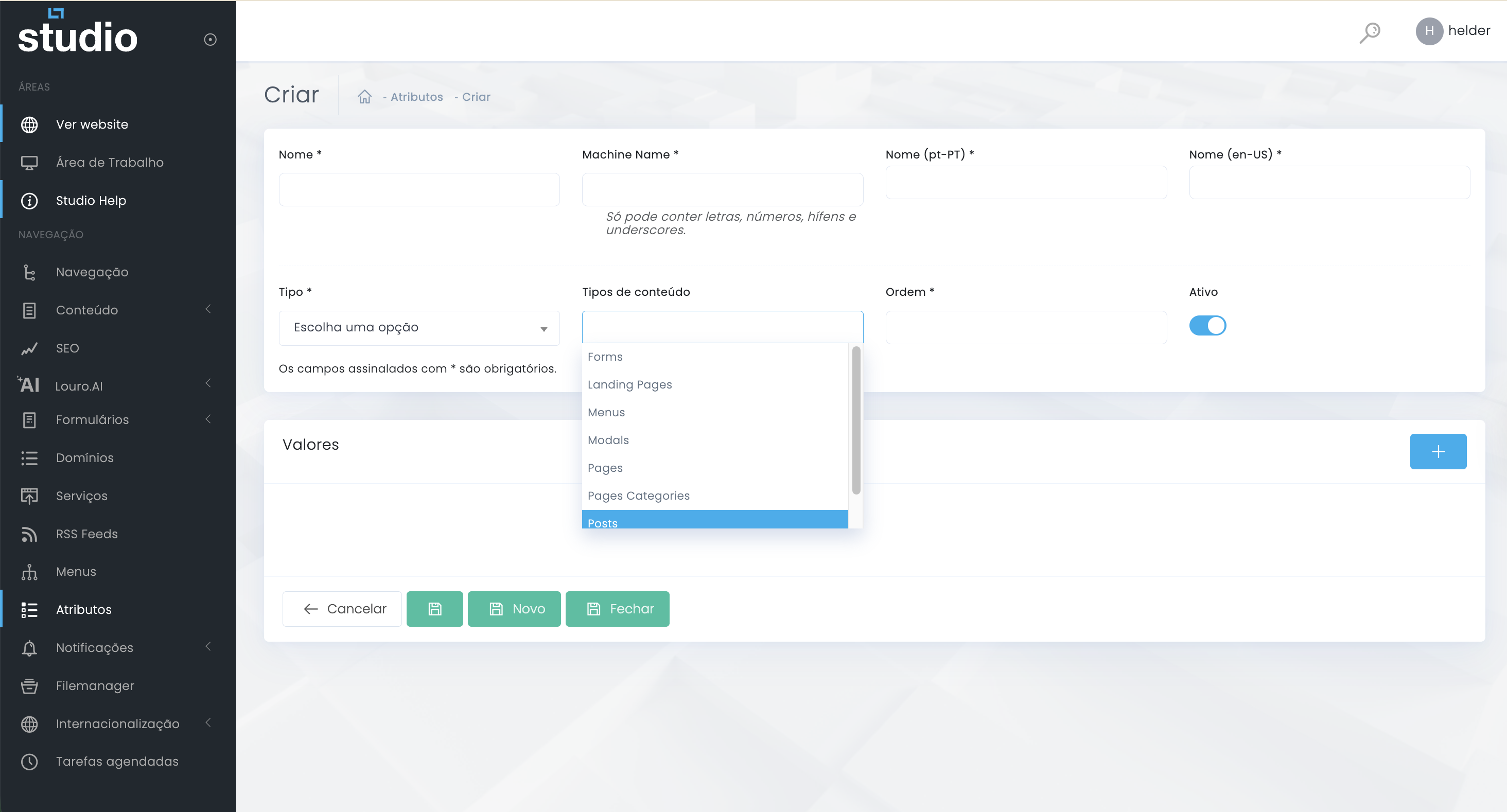 Tipos de conteúdo associados a um atributo no Studio CMS